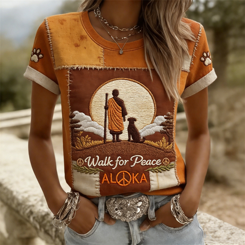 Walk For Peace Aloka & Monk Landscape Patchwork T Shirt