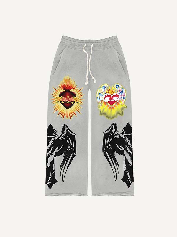 Heart&Wing&Cross Print Elastic Waist Pants