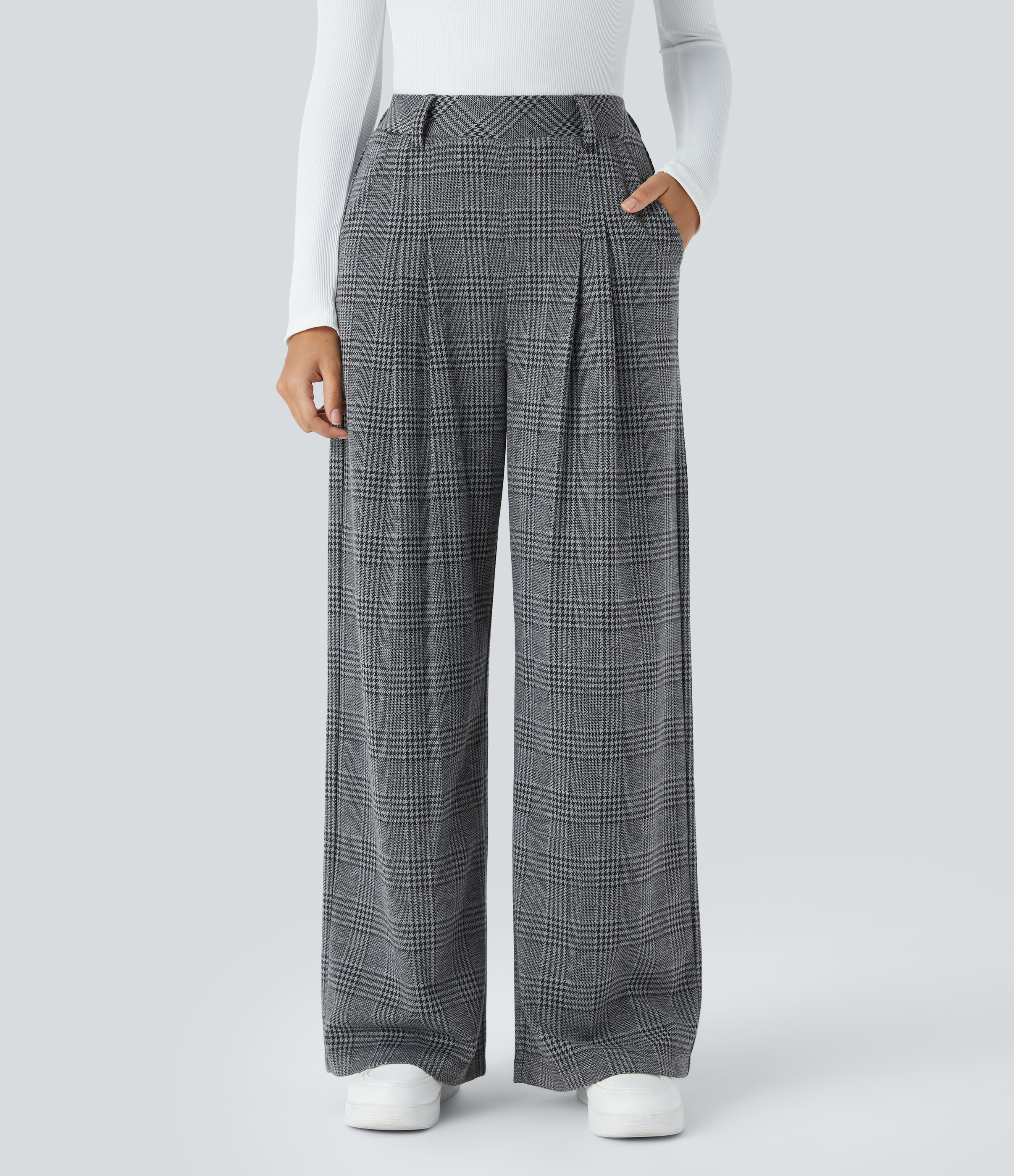High Waisted Pocket Wide Leg Houndstooth Plaid Casual Pants