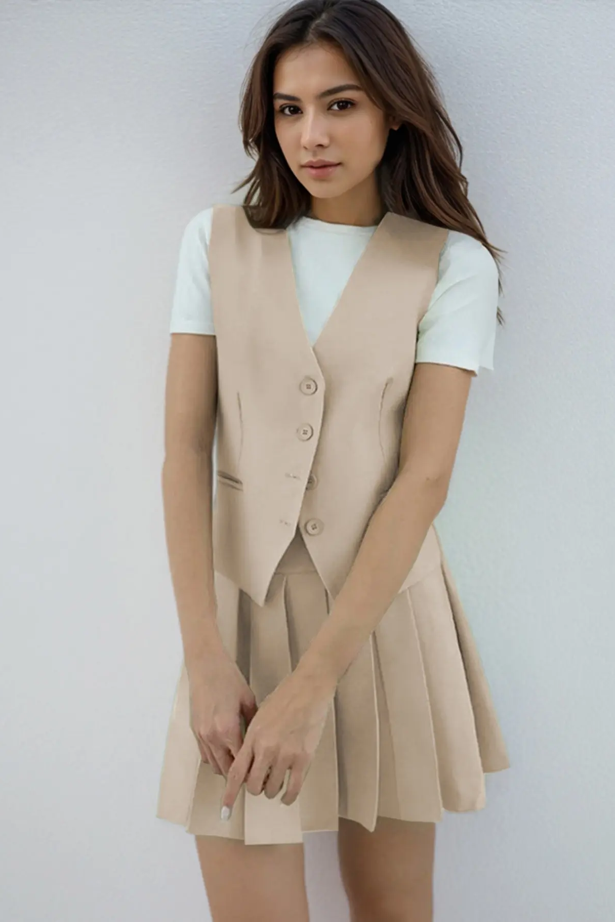 Summer Elegant V Neck Sleeveless Button Tank & Pleated Mini Skirt Co-ord