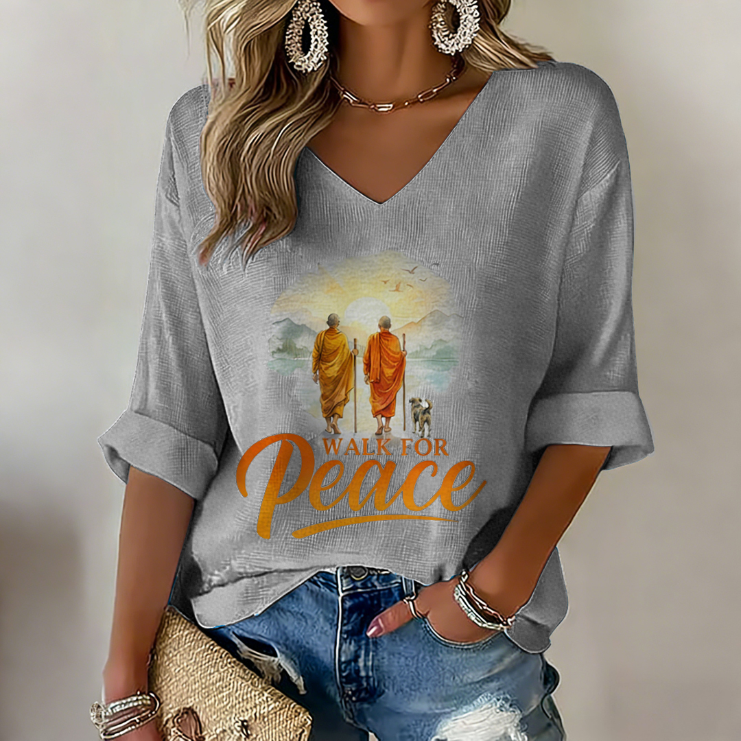 Women's Walk For Peace Monks With Aloka Dog Print V-neck T-shirt