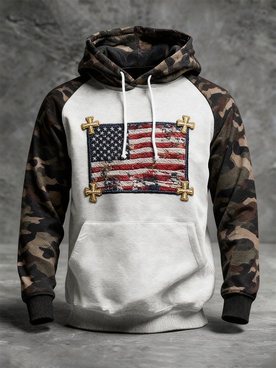 Men's Vintage Faith American Flag Camo Raglan Hoodie