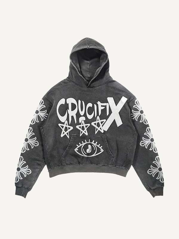 Eye&Cross&Letter&Star Print Slant Pockets Hoodie