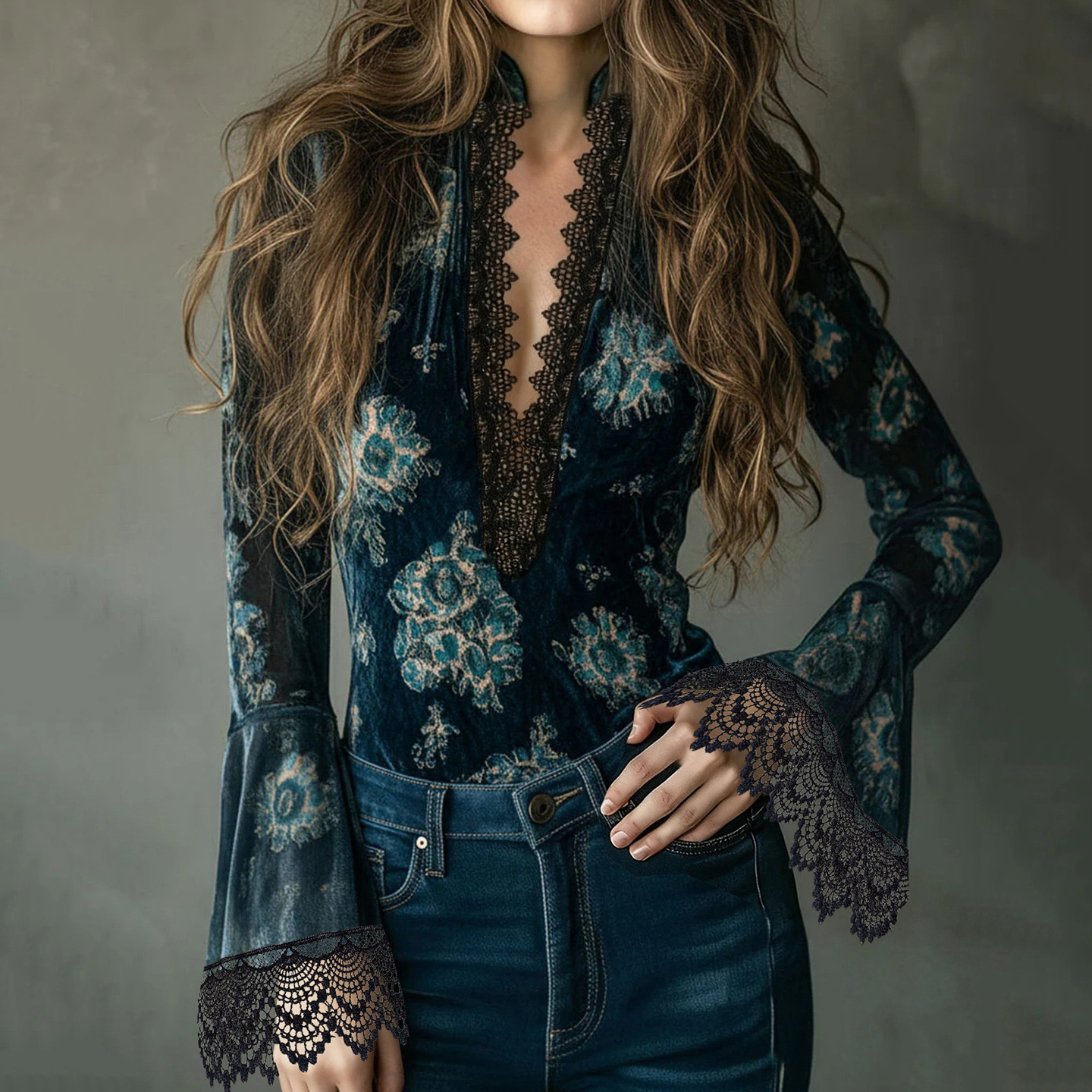 Women's Elegant Lace-trimmed Velvet V-neck Top