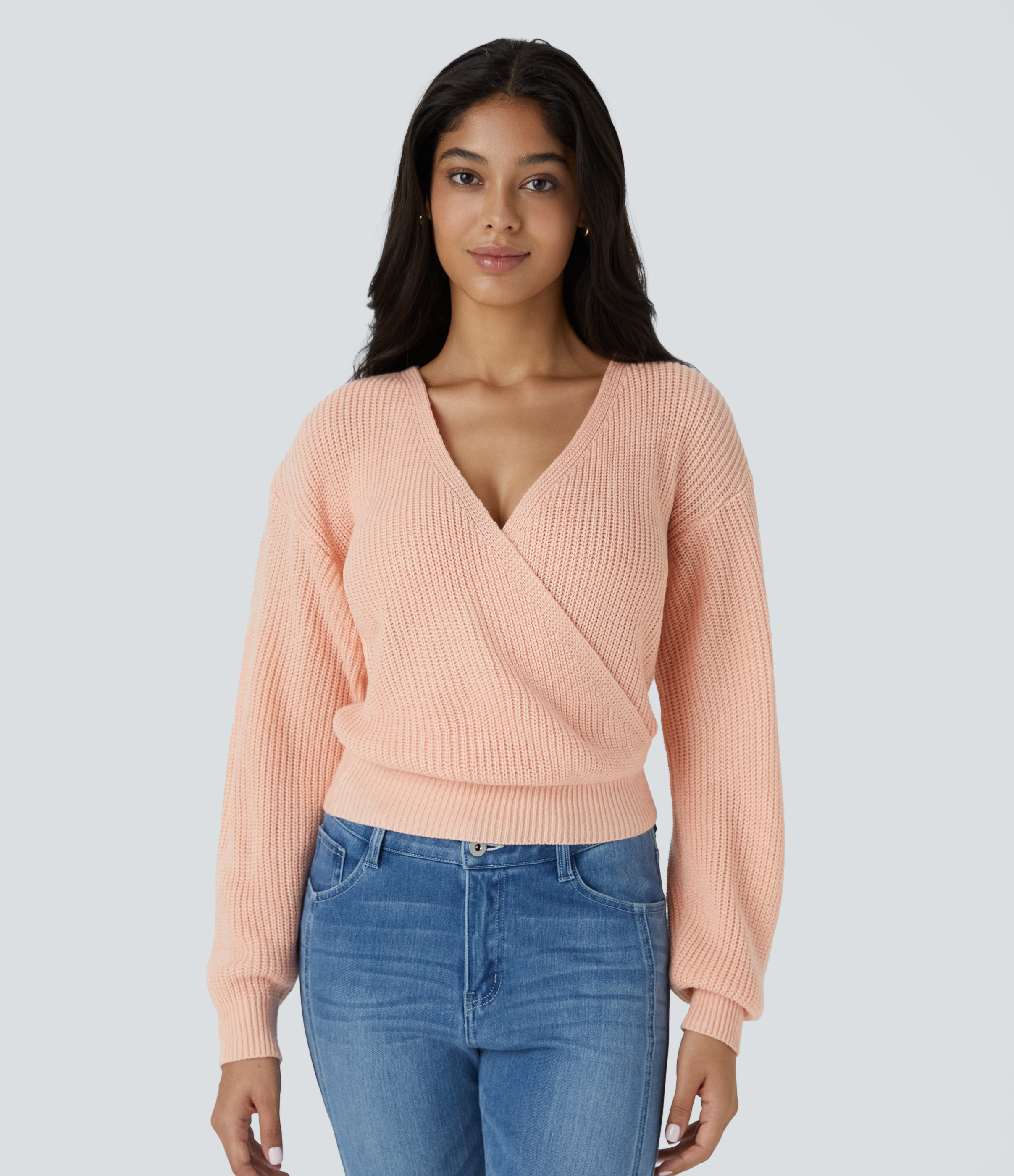 V Neck Dropped Shoulder Long Sleeve Wrapped Relaxed Casual Sweater