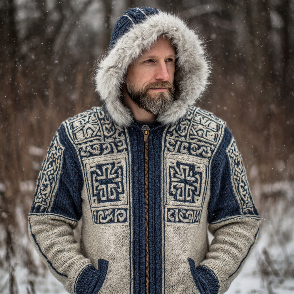Irish Cross Pattern Men's Knit Hooded Wool Collar Zipper Jacket