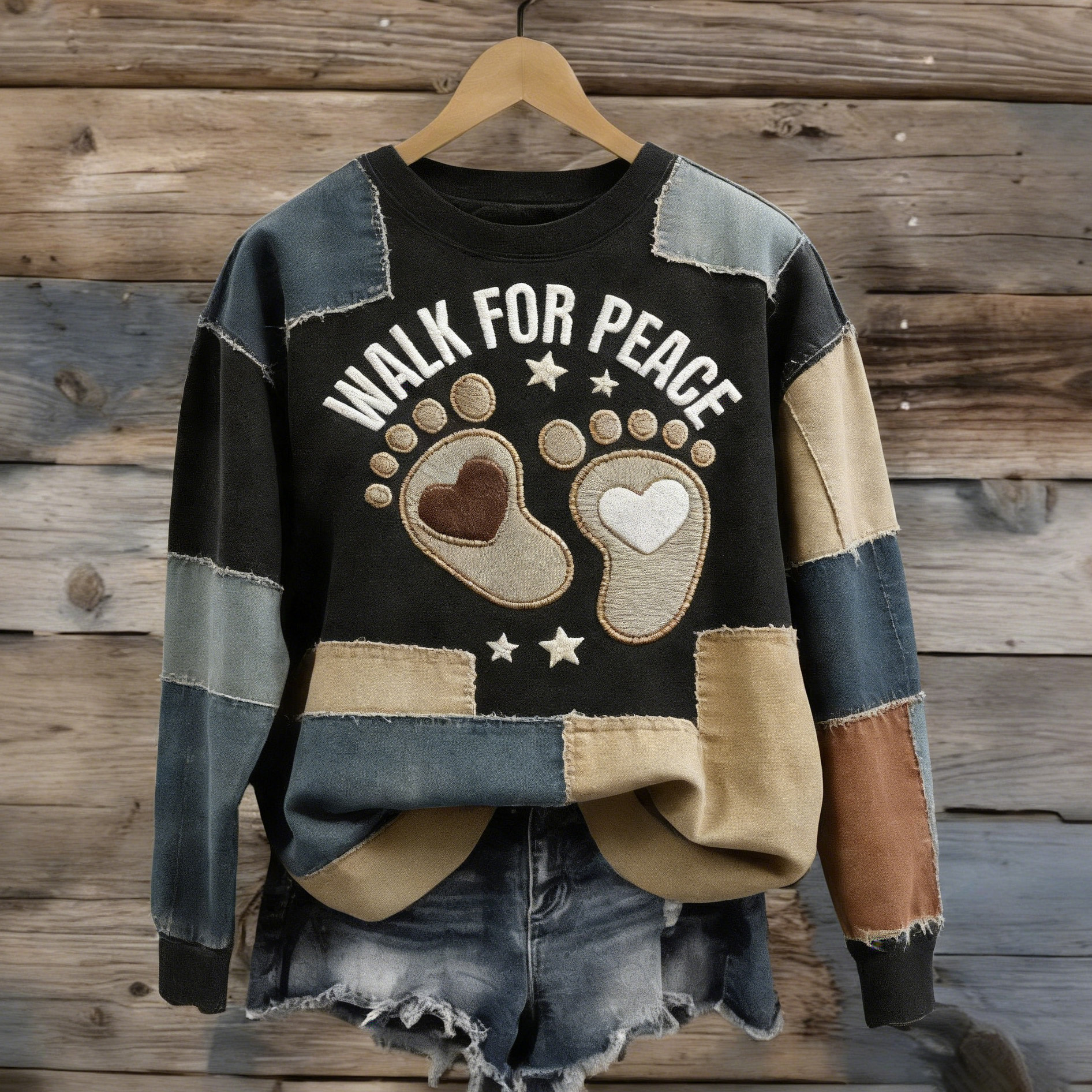 Women's Walk For Peace Art Patchwork Print Crew Neck Sweatshirt