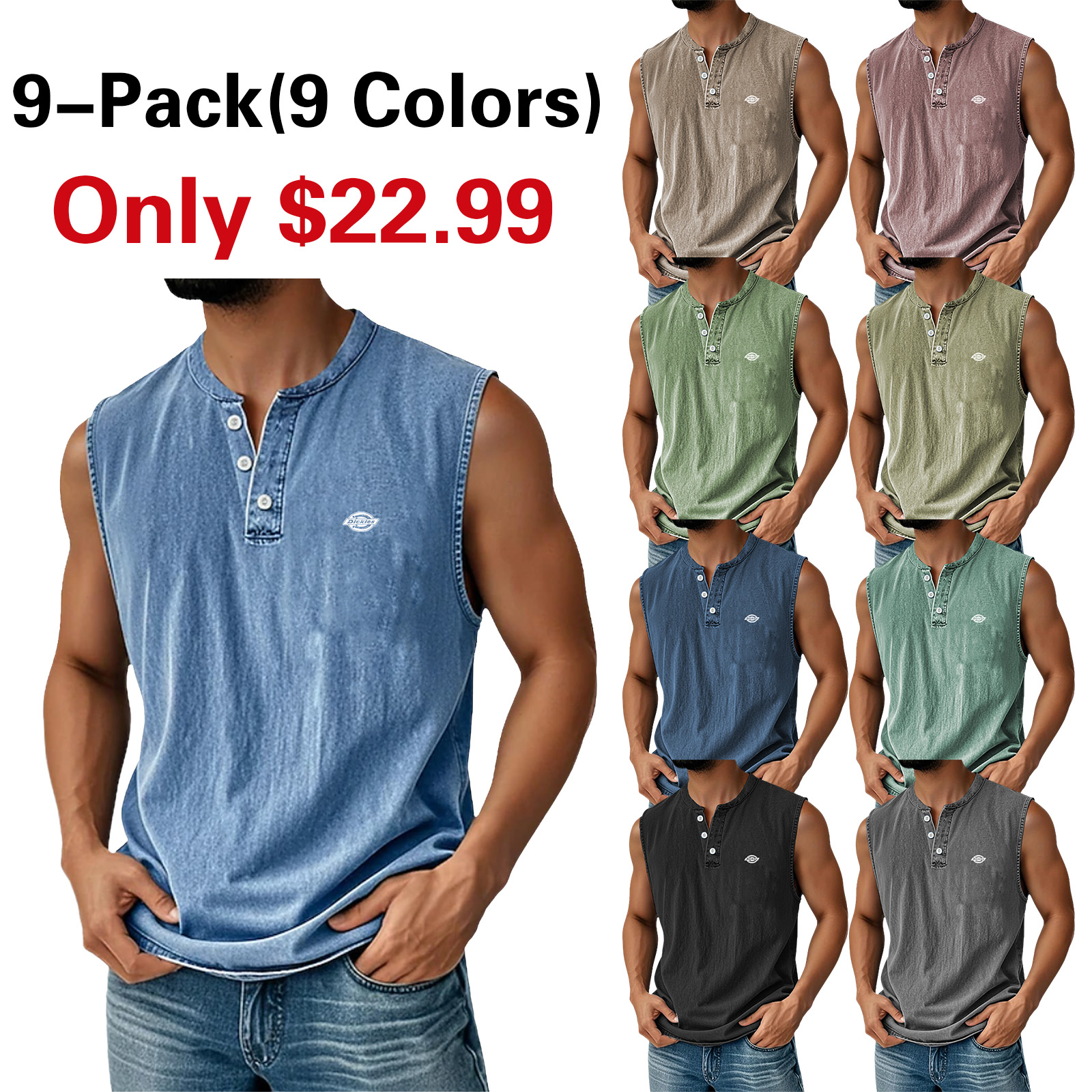 SoftFade™ Men's Vintage Vest Top 100% Cotton Acid Wash Undershirt Sleeveless Henley Shirt Summer Fall Plain Classic Vacation Street Black Top Tee for Men