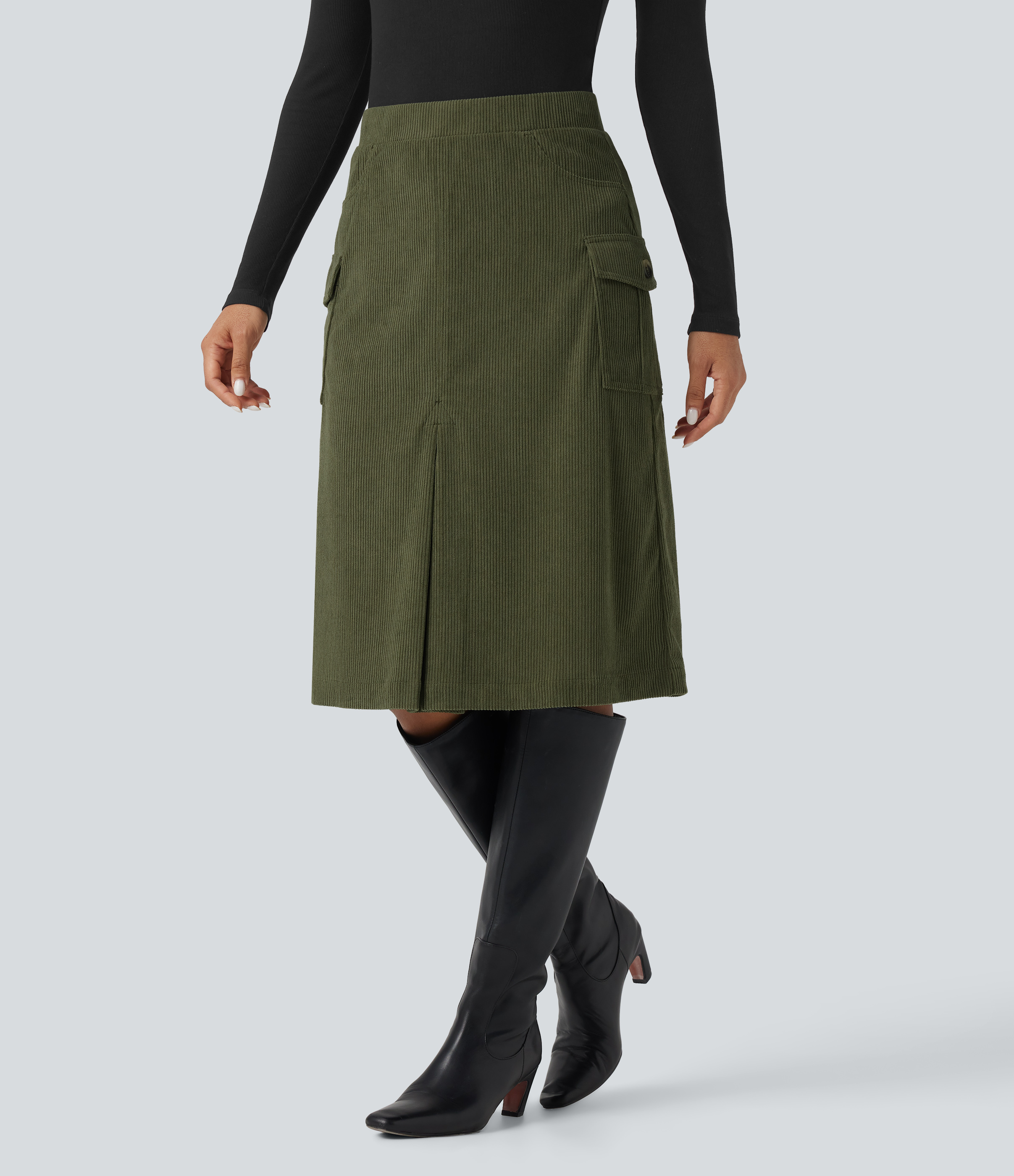 High Waisted A-line Corduroy Casual Midi Skirt with Pockets