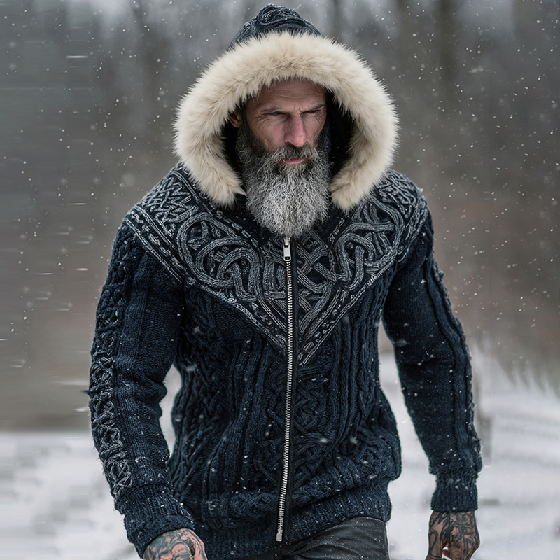 Men's Viking Celtic With Tree Of Life Art Cozy Fur Collar Knit Hooded Sweater Jacket