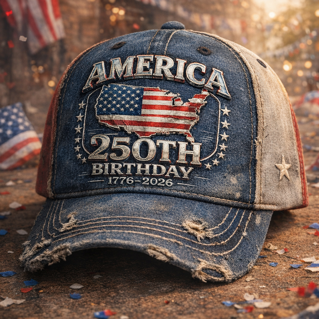 Vintage Distressed Denim Baseball Cap – America 250th Birthday 1776–2026 Embroidered USA Flag Map Patriotic Trucker Hat