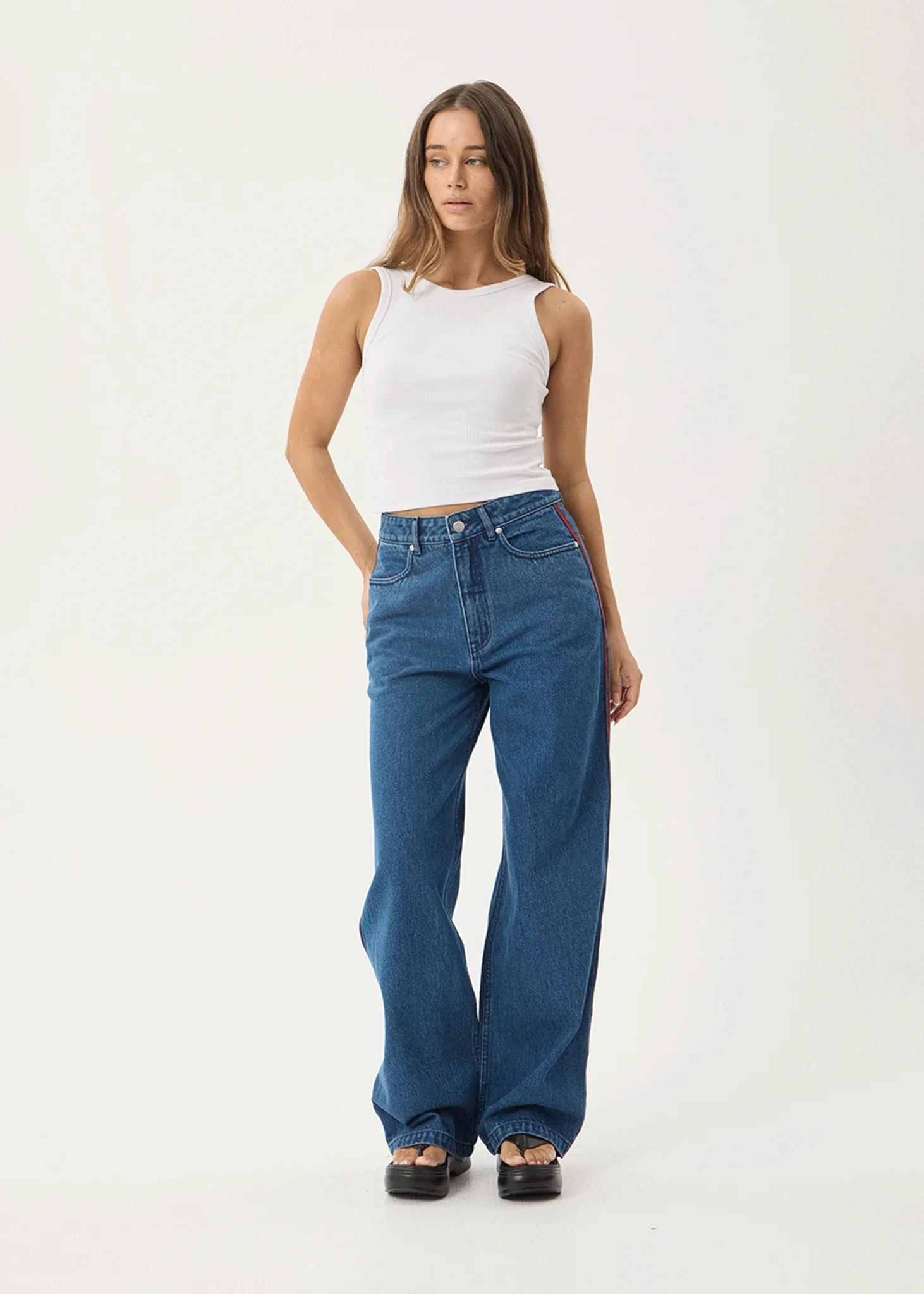 AFENDS Womens Bella Stripe - Denim Wide Leg Baggy Jean - Authentic Blue