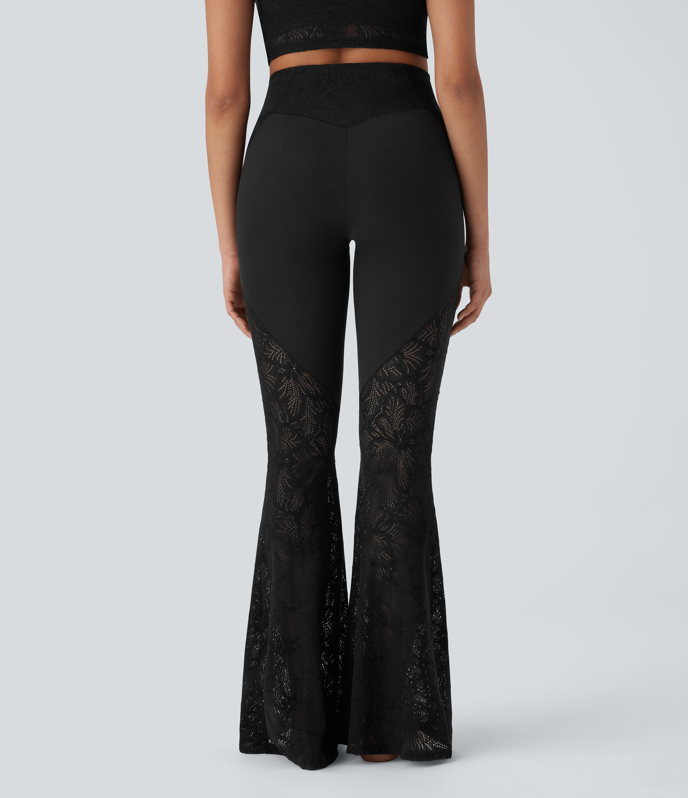 SoftlyZero™ High Waisted Crossover Pocket Contrast Lace Flare Yoga Leggings