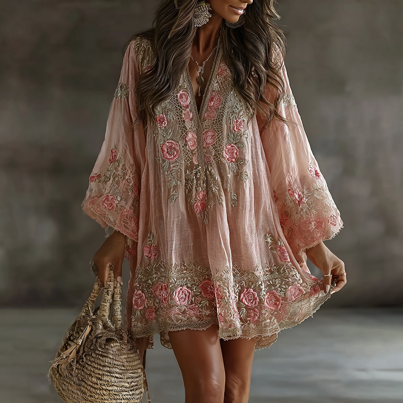 Women's Floral Art Flowy Linen Blend Casual Long Sleeve Mini Dress
