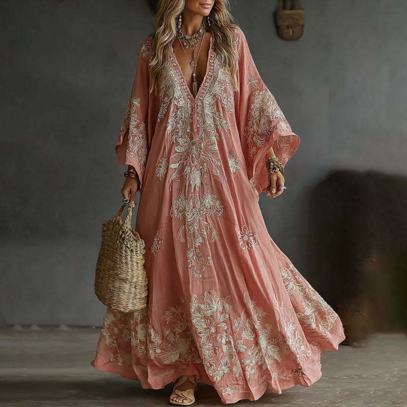 Vintage Boho Roses Embroidered Linen Maxi Dress