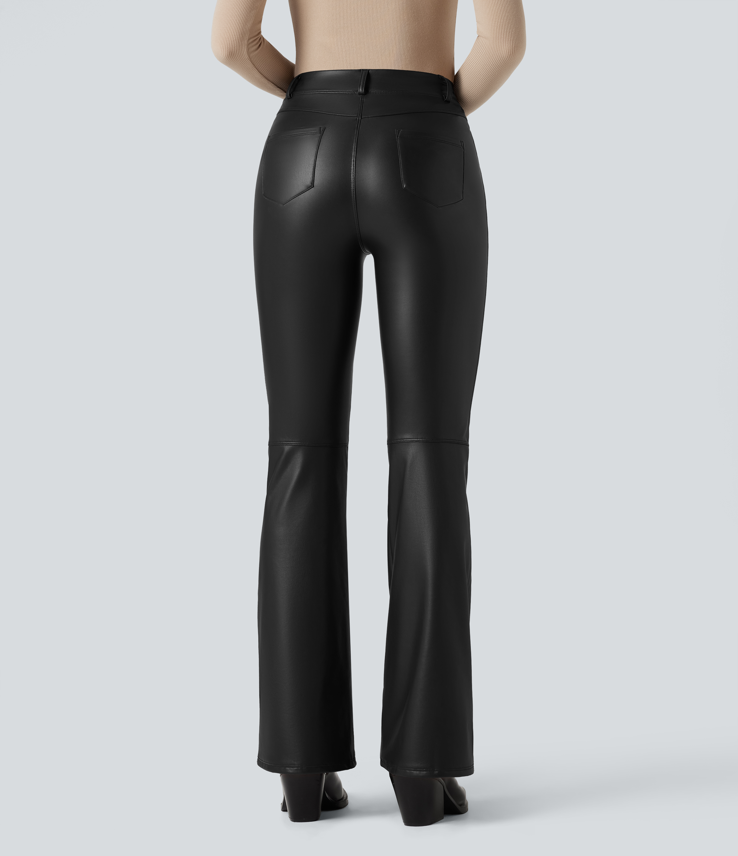 Asymmetric High Waisted Tummy Control Stretchy PU Fleece Casual Flare Pants with Pockets