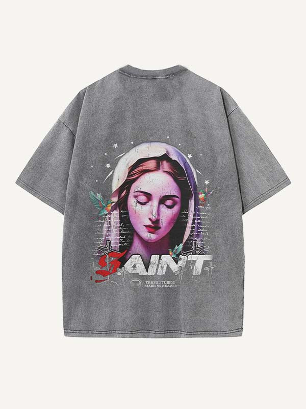 Distressed Washed Mary&Animal&Letter&Cross Print Round Neck T-shirt