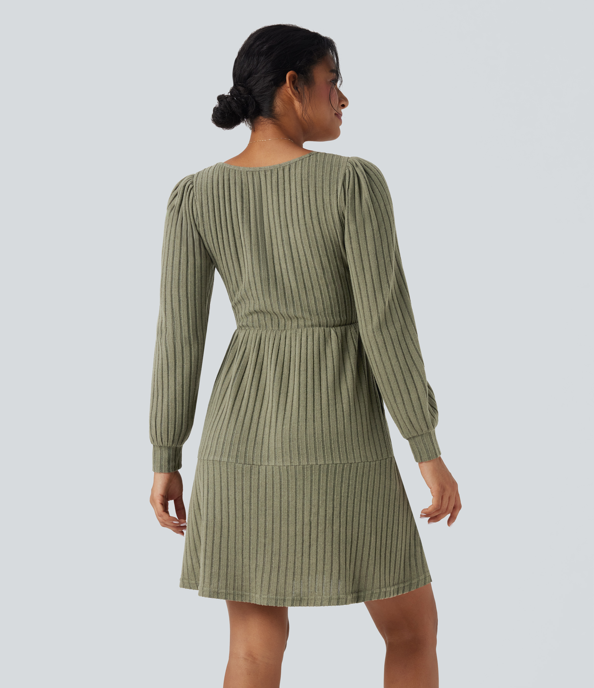 Ribbed Knit Square Neck Puff Long Sleeve Casual Dress with Pockets