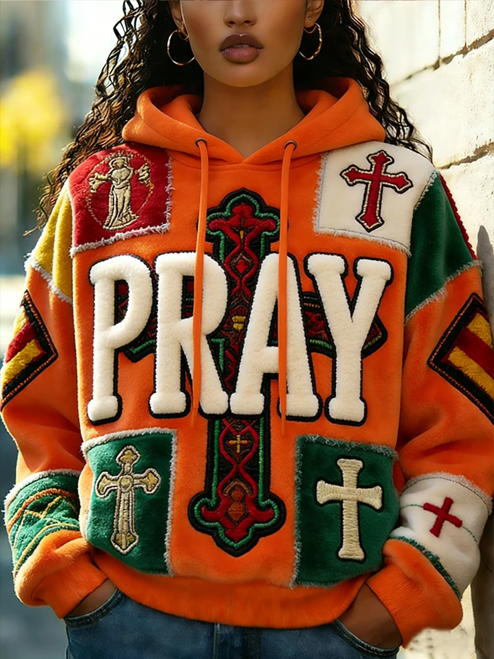 Women's Retro Faith Cross Pray Art Print Flannel Sweatshirt-Fast Shipping