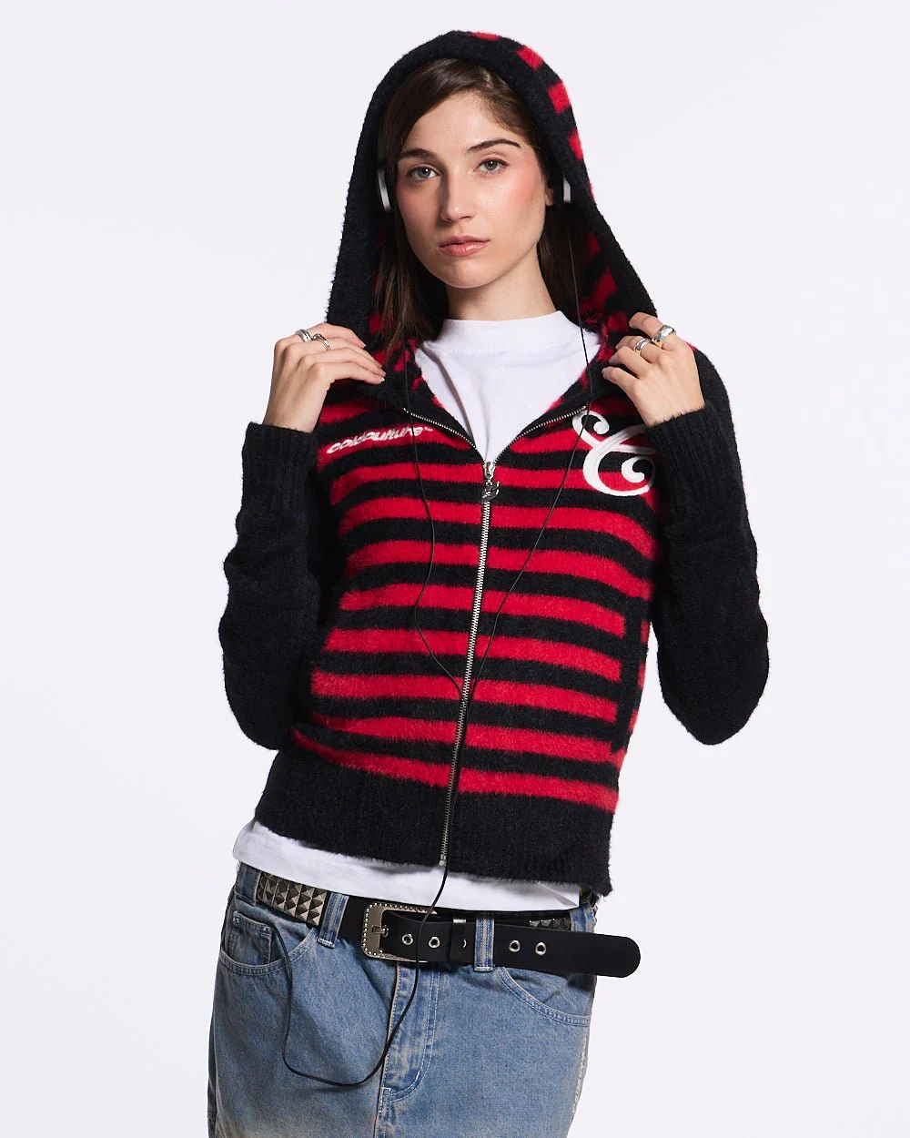 STRIPE ZIP KNIT RED & BLACK