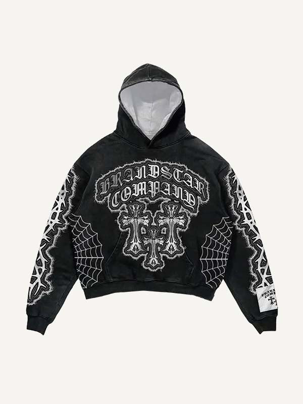 Spider Web&Cross&Letter&Graphic Faux Decal Print Slant Pockets Hoodie