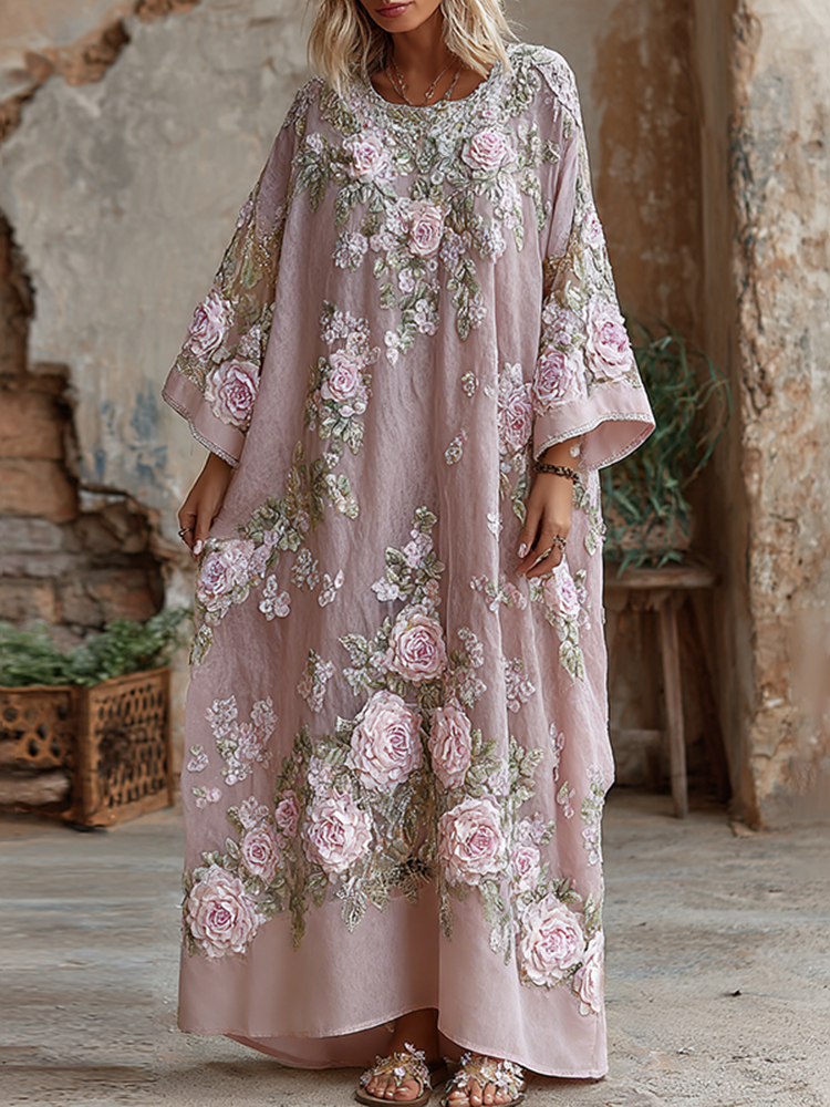 Women's Vintage Floral Art Flowy Linen Blend Casual Long Sleeve Maxi Dress