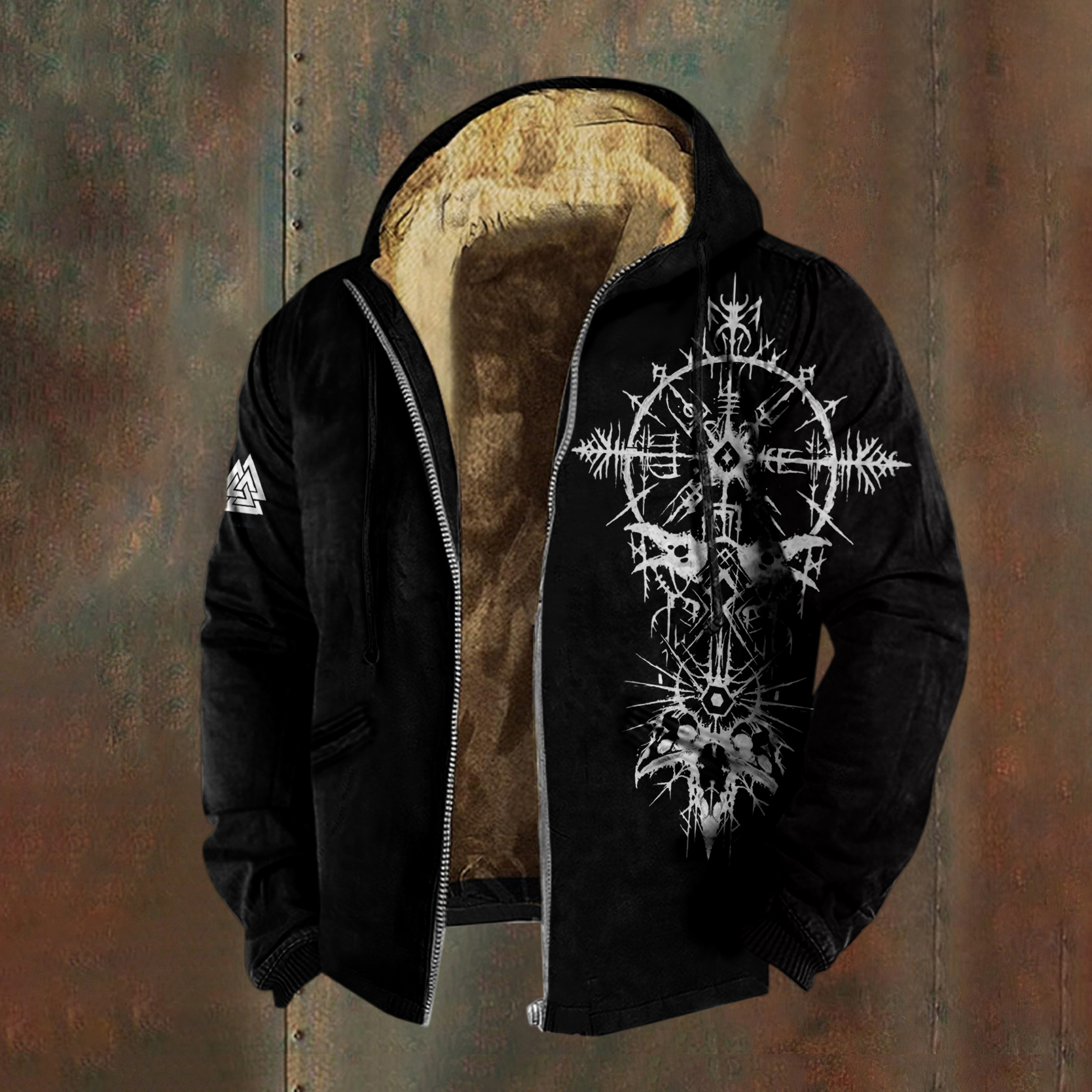 Men's Viking Crow Bones Runes Pattern Zipper Jacket