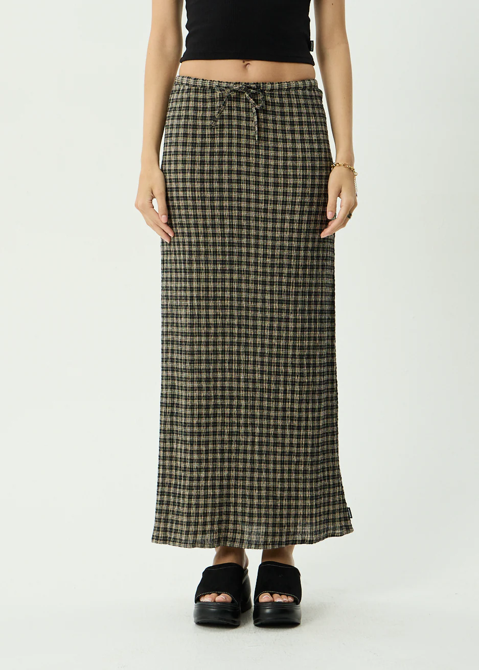 AFENDS Womens Frida -  Seersucker Maxi Skirt - Tan / Olive Check