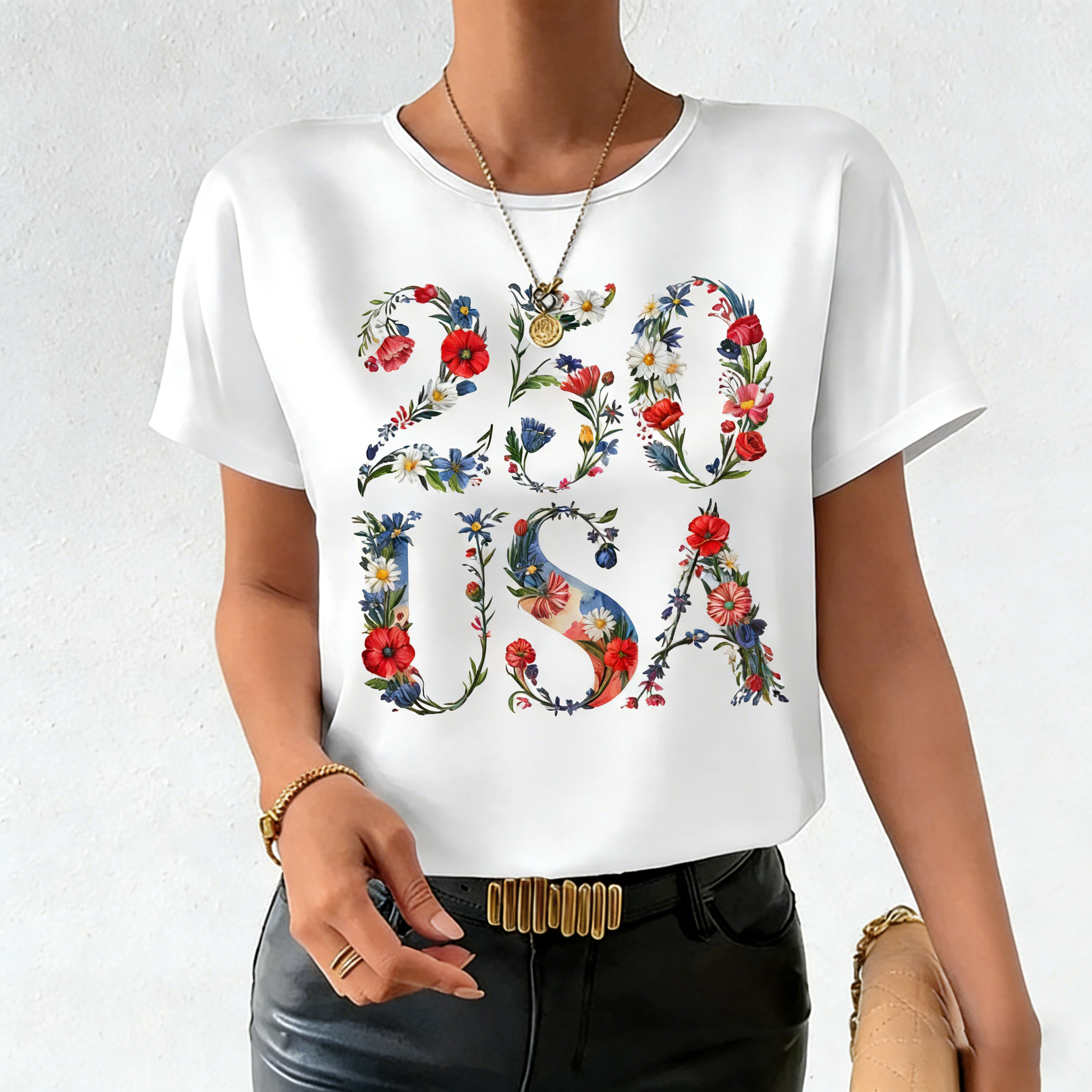 Women's 250th Anniversary National Flag Floral Print Casual T-Shirt