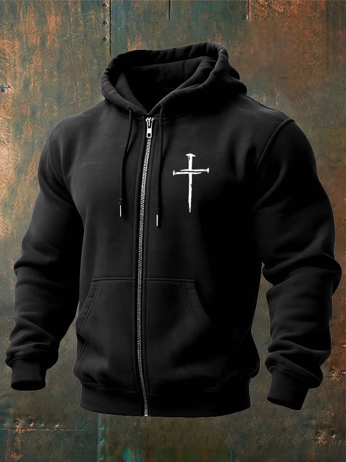 Men's Vintage Faith Cross Print Zip-Up Hooded Jacket