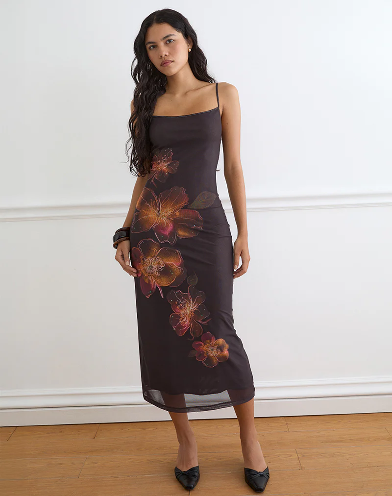 Nori Midi Dress in Brown with Orange Vibrant Lotus Print
