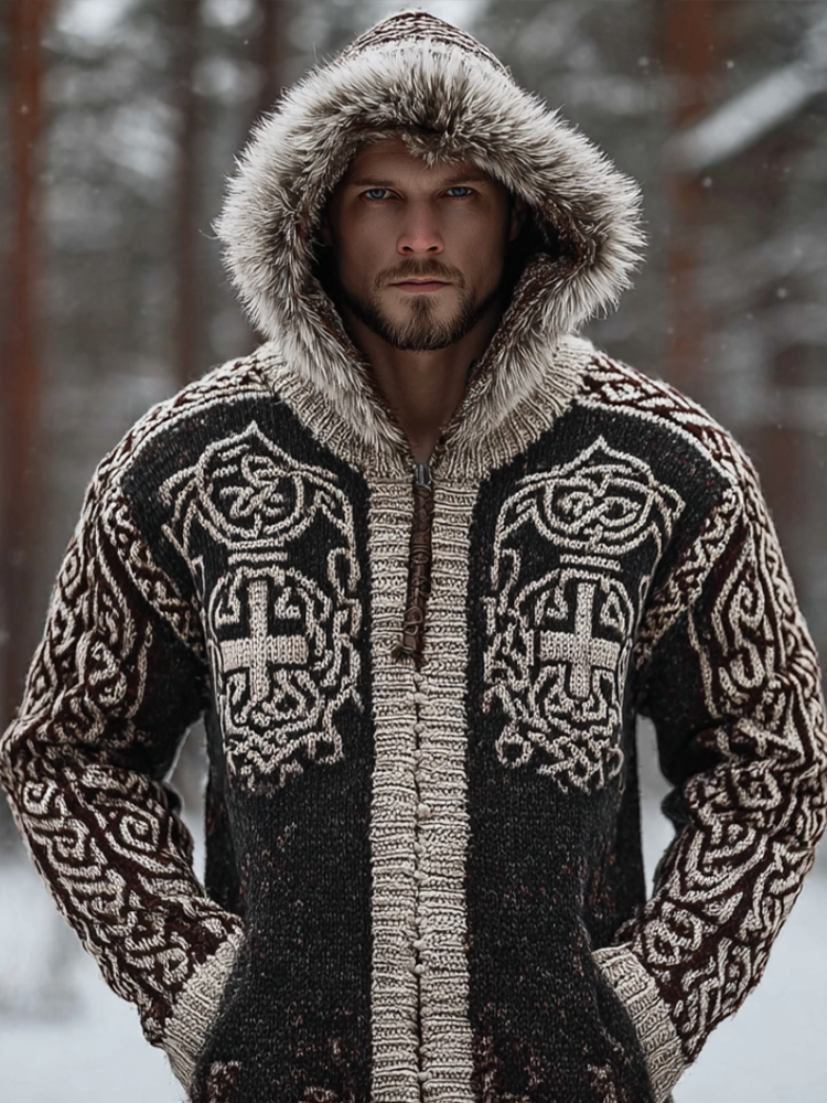 Viking Retro Men's Hooded Knit Sweater Jacket
