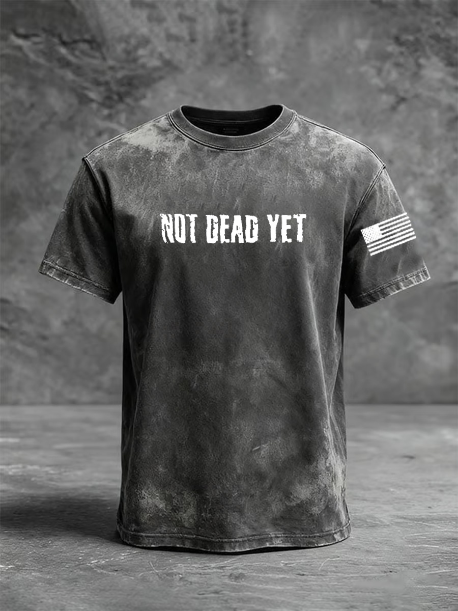 Not Dead Yet Pattern Washed Distressed Crew Neck 100% Cototon T-Shirt