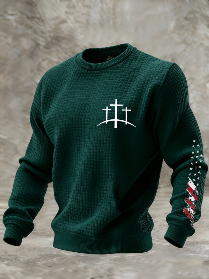 Men's Retro Faith Print Check Crew Neck Sweatshirt