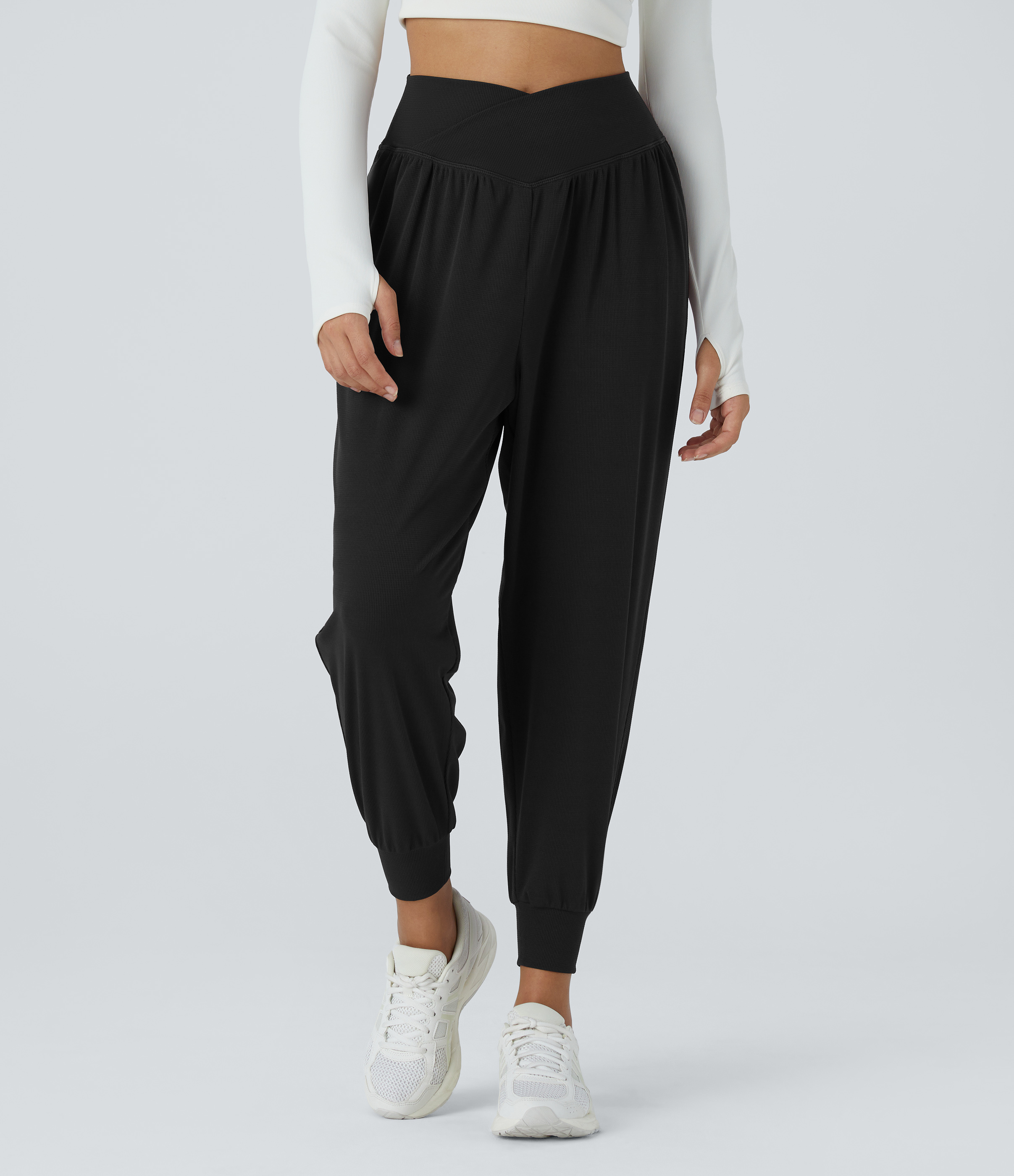 High Waisted Crossover Pocket Waffle Yoga Joggers