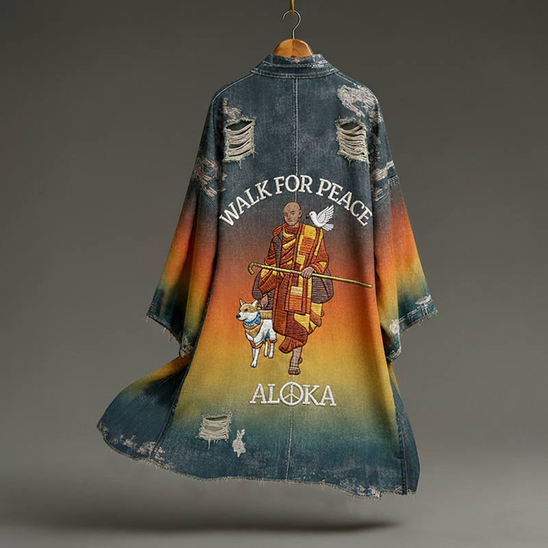 Peace For Walk Art In Gradient Print Linen Long Kimono