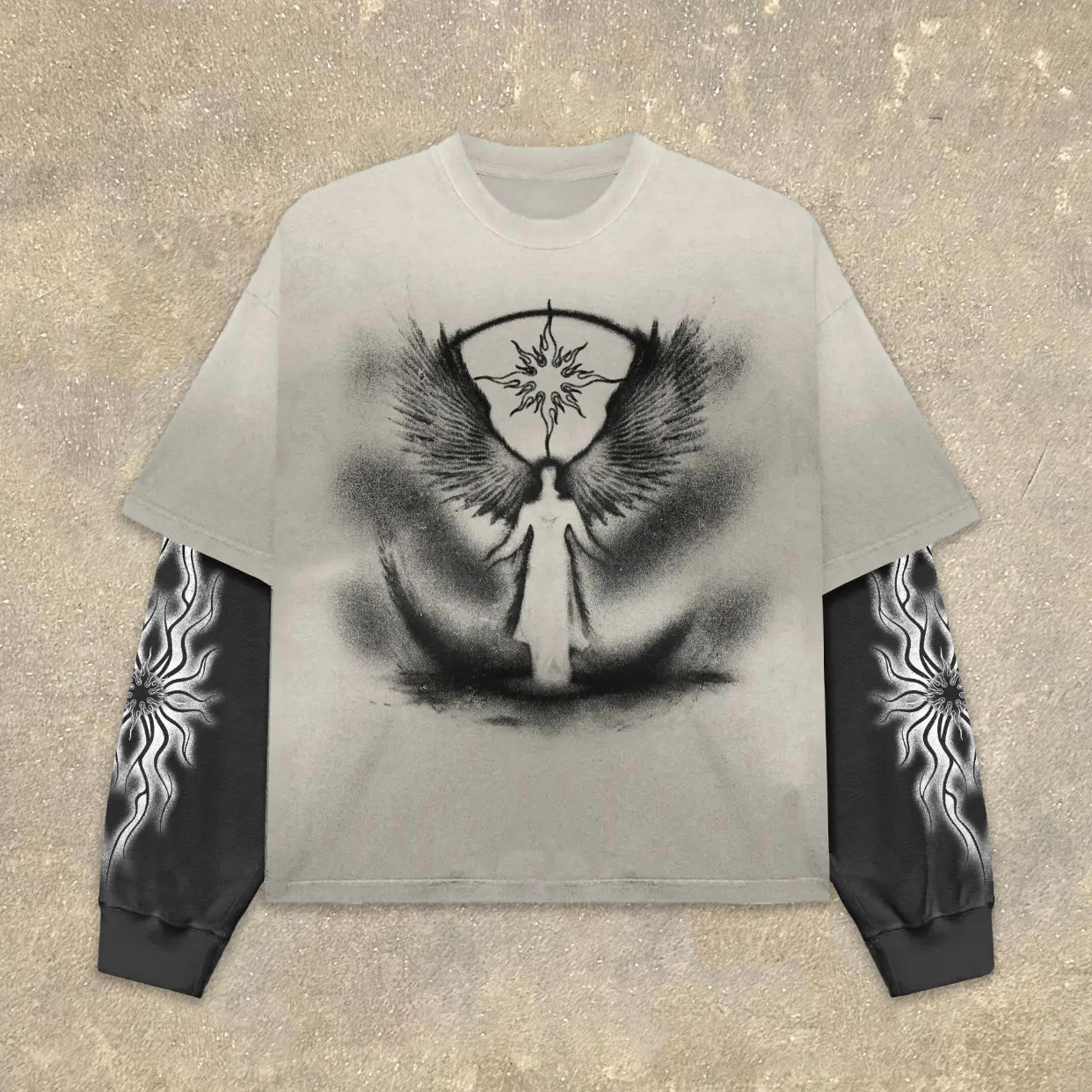 Blessings Wings Fake Two Print Long Sleeve T-Shirt