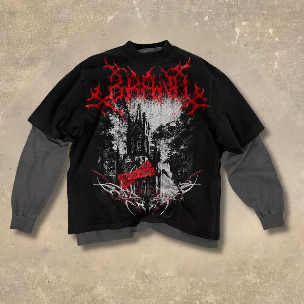 Dark Gothic Red Gothic Architecture Fake Two-Piece Shirt