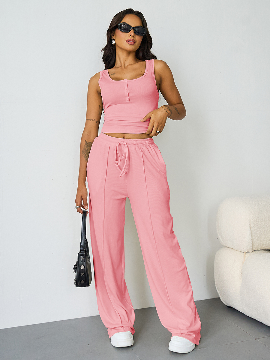 Casual U Neck Sleeveless Crop Top & Elastic Waist Wide Leg Pockets Sweatpants Co-ord