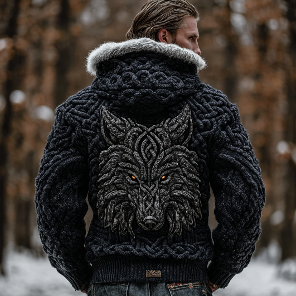 Viking Retro Style Wolf Element Winter Warm Knitted Sweater Jacket