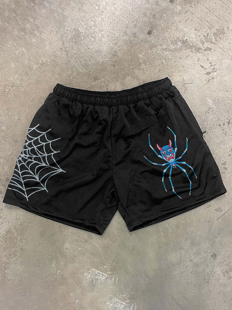Spider Graphic Black Mesh Shorts