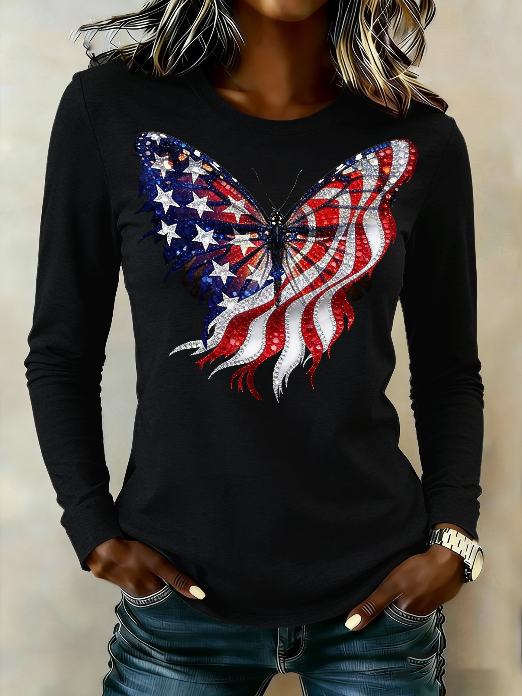 Women's casual retro patriotic red, yellow, and blue butterfly long-sleeved T-shirt