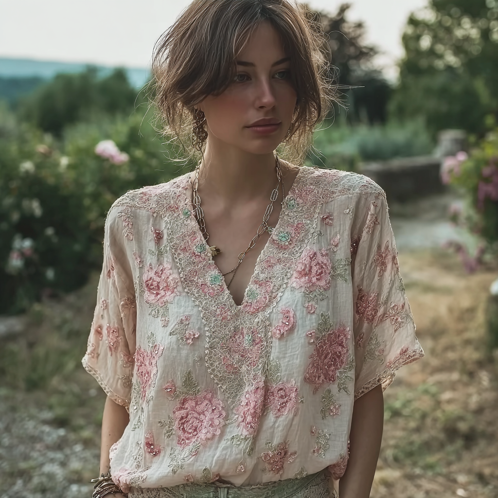 Bohemian Retro Countryside Style Plant Flower Design Cotton And Linen Women's Short-sleeved Shirt