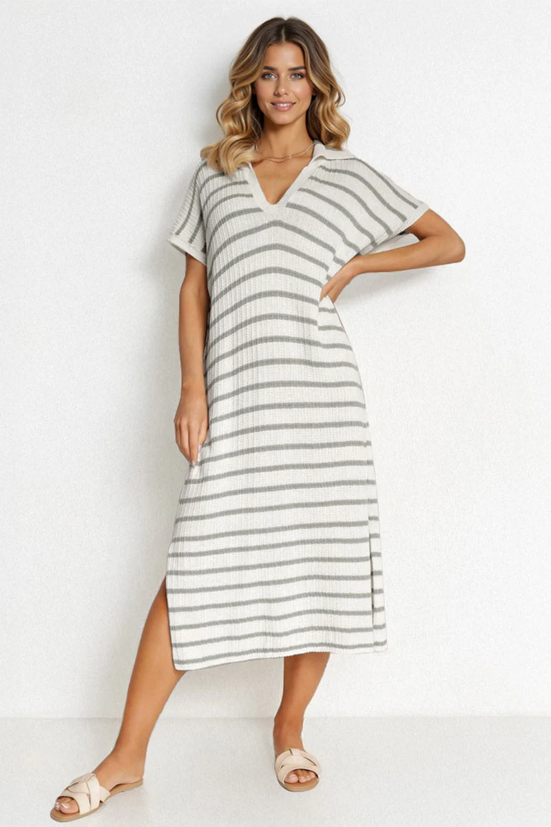 V-Neck Batwing Midi Dress Striped Collar Side-Slit Slouchy Summer