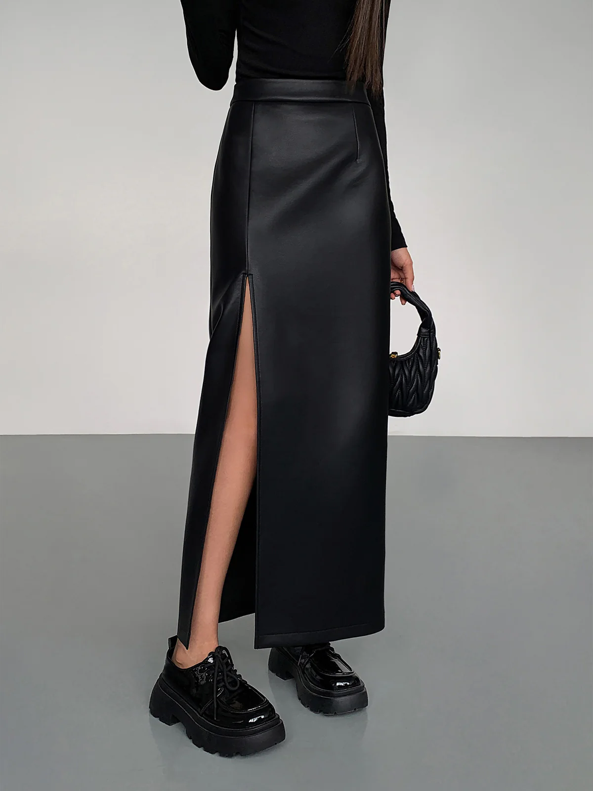 Side Split PU Leather Midi Skirt