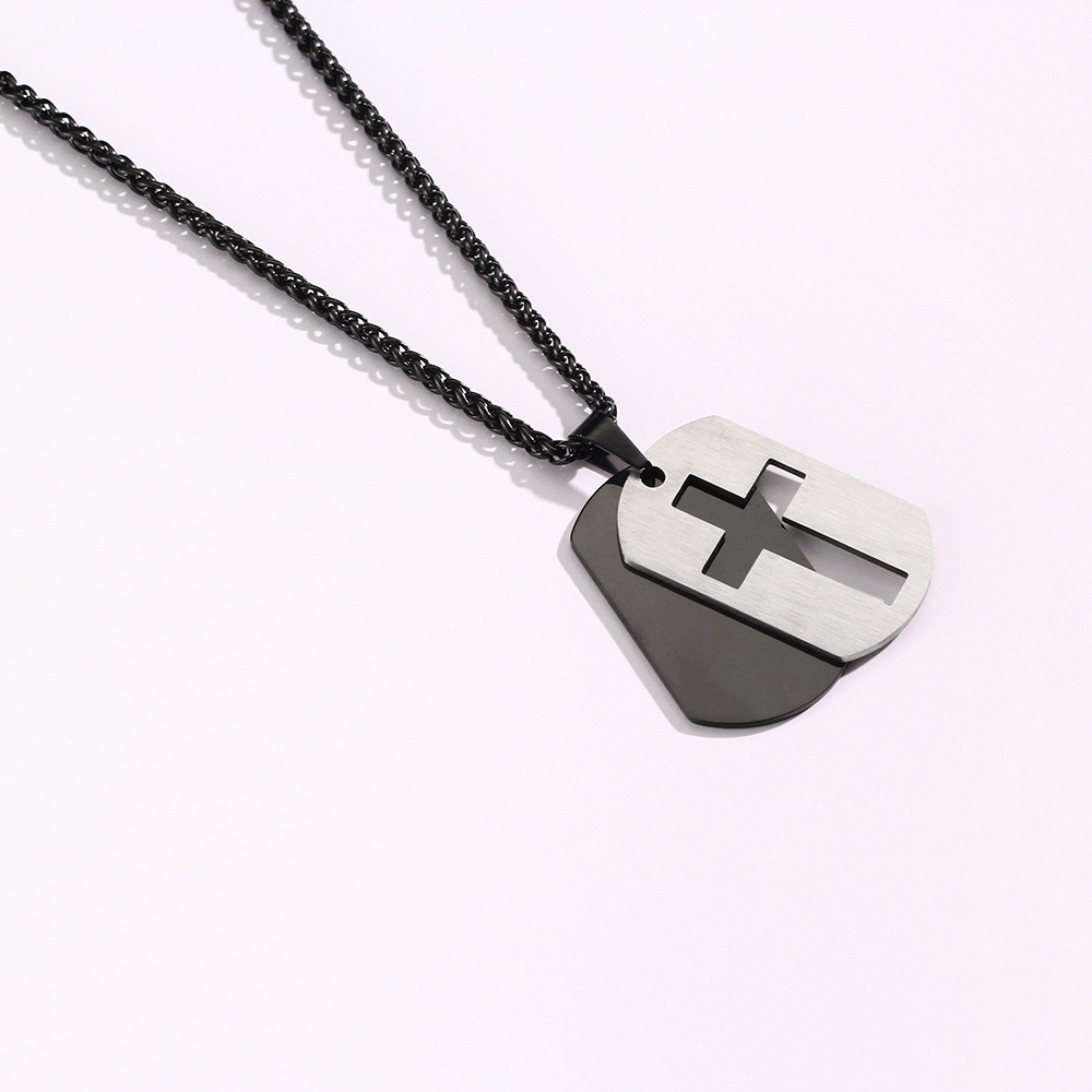 Men's Black Military Plaque Hollow Cross Pendant Necklace