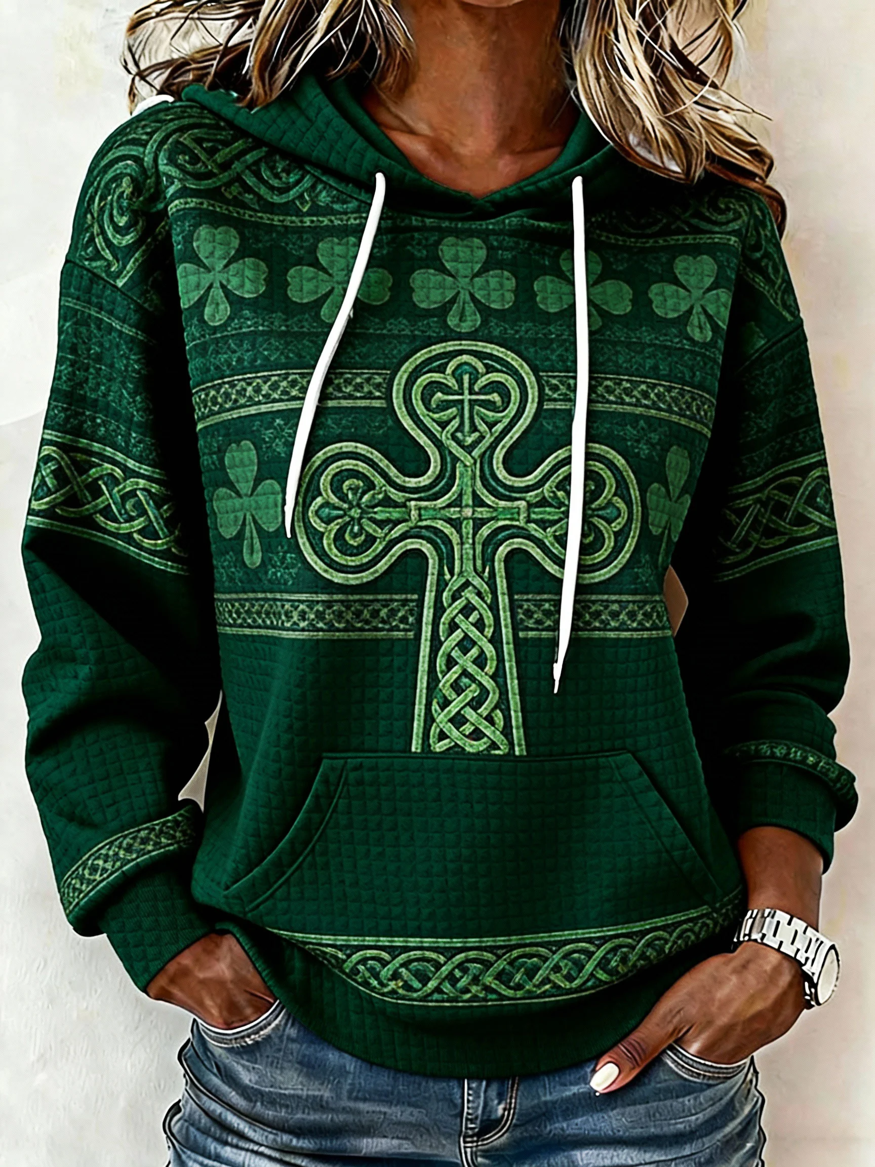 Women's St. Patrick's Day Printed Waffle Knit Hoodie-Fast Shipping
