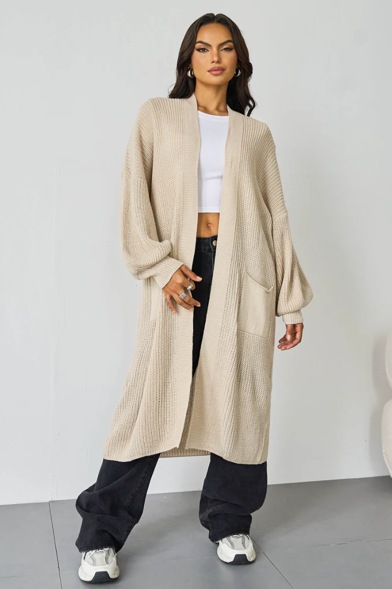 Casual Knit Puff Sleeve Loose Open-Front Cardigan