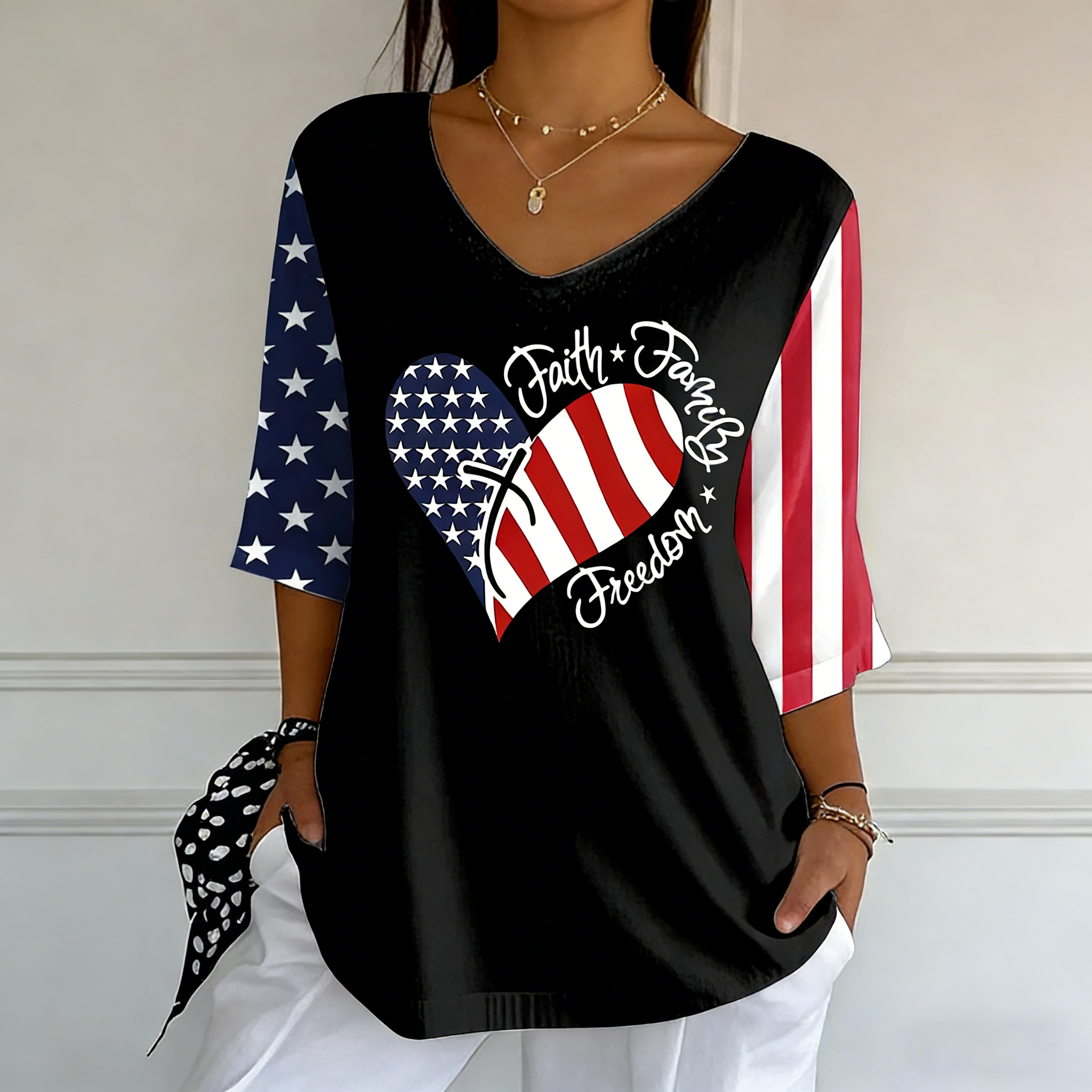 Women's Independence Day Love Faith Family Freedom Print Mid Sleeve T-Shirt