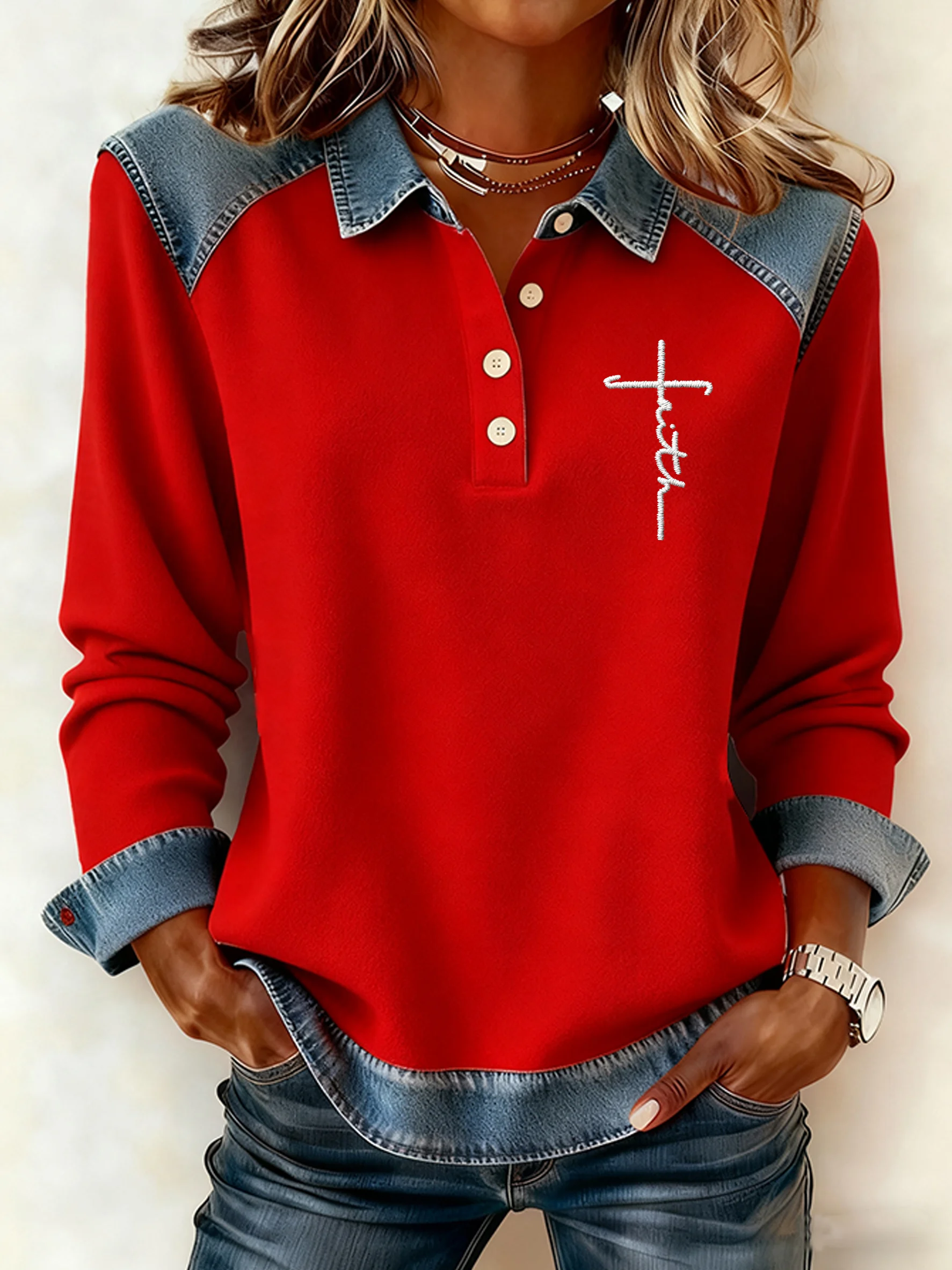 Women's Winter Faith Cross Faux Denim Print Top-Fast Shipping